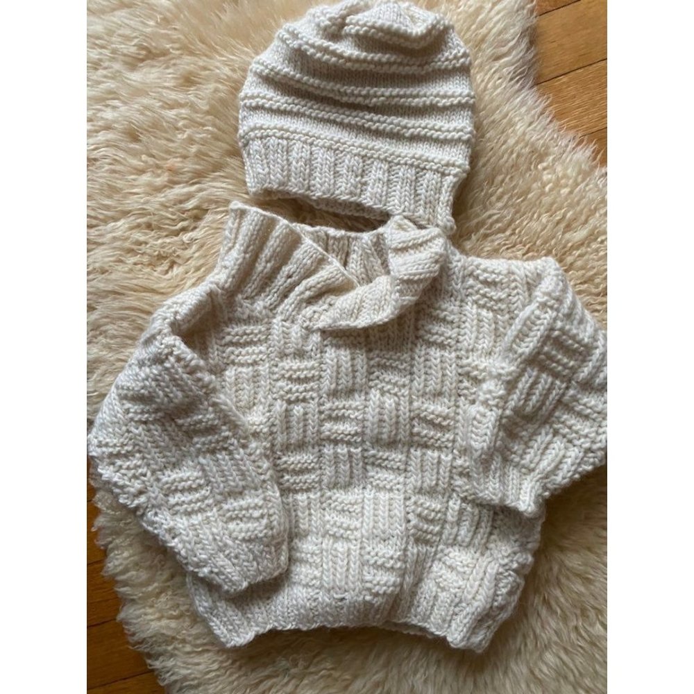 Handknit Shawl Collar Aran Sweater and Hat Set Cable Knit Chunky 2Y